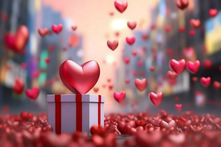 A red heart rests atop a gift box, surrounded by many falling hearts. A romantic Valentine's Day scene.の写真素材