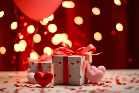 Two gift boxes decorated with hearts and ribbons in a romantic setting with bokeh lights. Perfect...