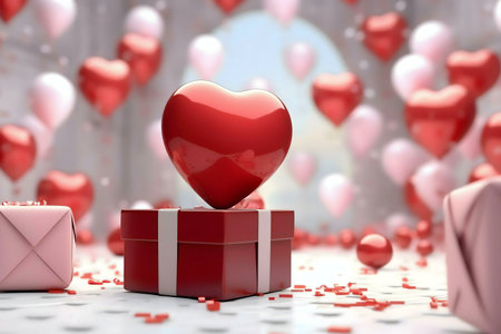 A big red heart sits on a gift box surrounded by pink and red balloons. Perfect for Valentine's Day.の写真素材