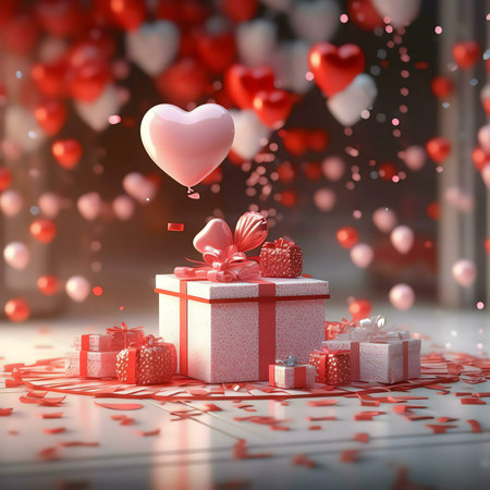 A pink heart balloon floats above gifts, confetti rains down, a perfect romantic image for...