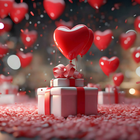 A romantic gift scene for Valentine's Day. Red heart balloons hover over a beautifully wrapped...