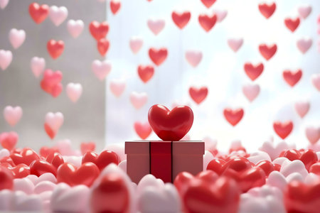 A red heart-shaped gift sits on a pink box surrounded by many hearts. Perfect for Valentines.