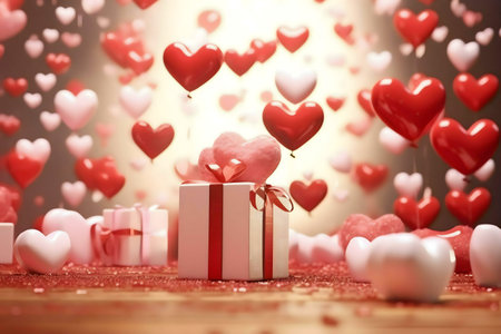 A romantic Valentine's Day scene with a gift box and many floating hearts.の写真素材