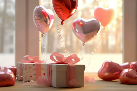 Heart-shaped balloons and gifts symbolize love and romance.の写真素材
