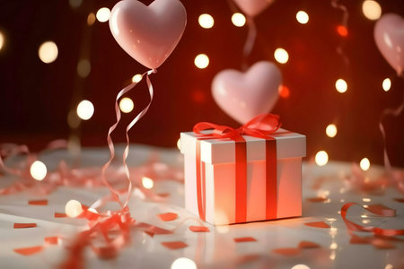 A romantic Valentine's Day scene with a gift, heart-shaped balloons, and festive lights.の写真素材