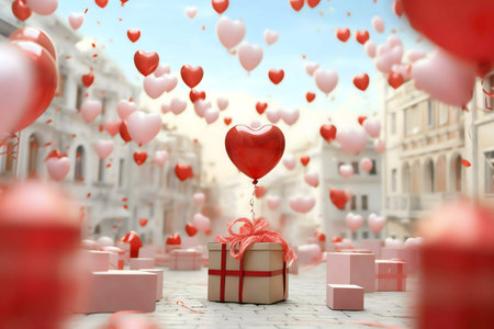 Heart-shaped balloons float above a gift in a romantic Valentine's Day scene.の写真素材