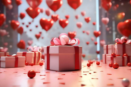 A 3D render of gift boxes with floating hearts, perfect for Valentine's Day.の写真素材