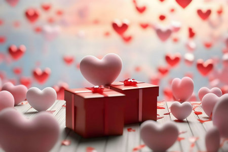 Two red gift boxes sit on a light wooden surface, with pink hearts scattered around and floating in the background. A pink heart sits atop one boxの写真素材