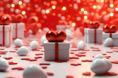 A 3D rendered image shows a white gift box with a red heart on top surrounded by red hearts and other presents. Perfect for Valentine's Day.の写真素材