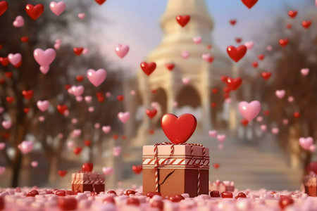 A red heart sits atop a gift box surrounded by pink and red hearts falling in a dreamy, romantic scene.の写真素材