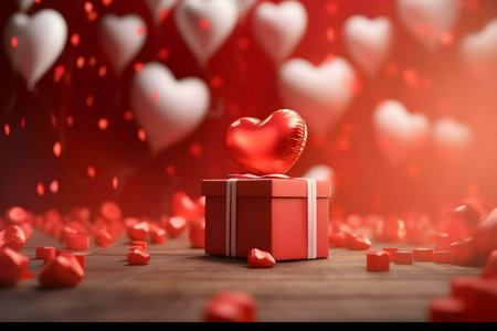 A red heart-shaped balloon sits atop a red gift box, surrounded by floating hearts. A perfect Valentine's Day image.の写真素材