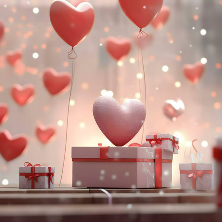 A romantic scene featuring pink and red heart-shaped balloons, gifts, and a soft, dreamy perfect...