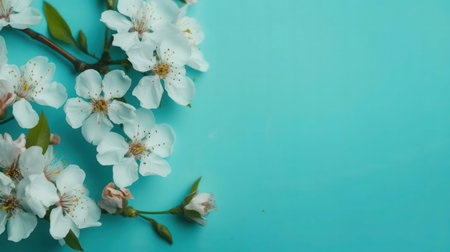 White cherry blossoms on a teal background. Springtime floral beauty.の写真素材