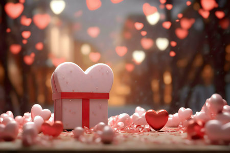 Heart-shaped gift box surrounded by hearts and confetti. Romantic Valentine's Day scene.の写真素材
