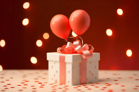 A white gift box with pink ribbon and coral balloons on a confetti-covered surface, illuminated by soft red lights.の写真素材