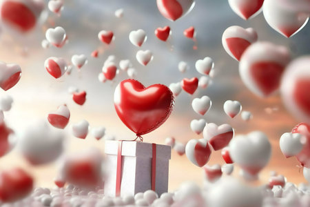 Many red and white heart-shaped balloons float over a gift box. A romantic and delightful scene.の写真素材