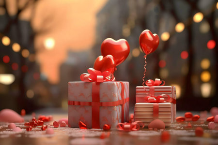 A charming scene of Valentine's Day gifts, red heart balloons, and festive decorations set against a...