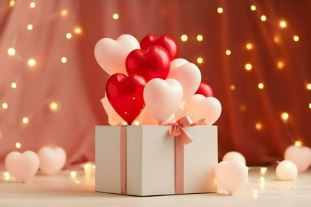 A white gift box adorned with heart-shaped balloons, perfect for a Valentine's Day surprise.の写真素材