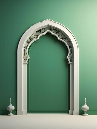 Stunning 3D render of an elegant Islamic archway in a serene green room. Perfect for Ramadan or Eid.の写真素材