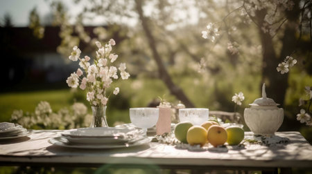 A charming table set amidst blooming cherry trees. Apples and delicate flowers add to the springtime ambiance.の写真素材