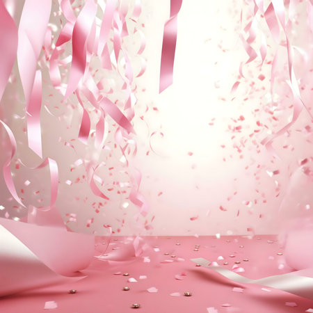 Pink ribbons and confetti fall gracefully, creating a festive and joyful background.の写真素材