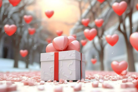 A white gift box adorned with pink hearts sits amidst a snowy scene, symbolizing romance and...