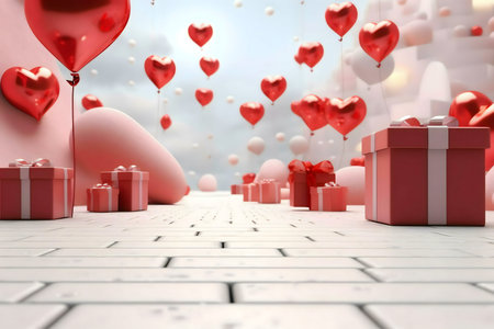 A dreamy 3D render of Valentine's Day gifts and heart-shaped balloons.の写真素材