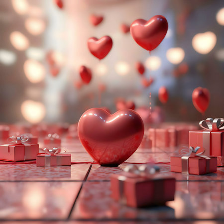 Floating hearts and gifts create a romantic Valentine's Day scene.の写真素材