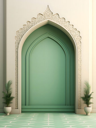 A stunning image of an elegant green archway featuring intricately Islamic design. The archway is set against a cream wall and features potted plants.の写真素材