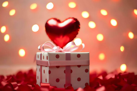 A romantic scene featuring a gift box with a heart-shaped balloon and scattered red petals.の写真素材