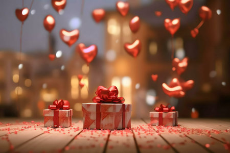 Romantic Valentine's Day scene with gifts and heart-shaped balloons.の写真素材