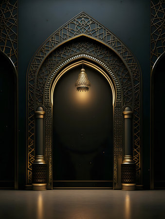 Dark room with golden Islamic arch and lanternの写真素材