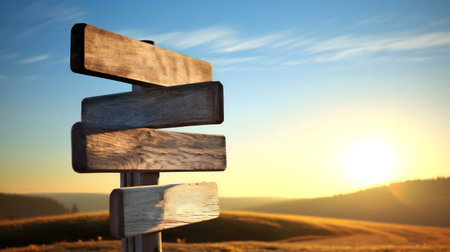Wooden signpost at sunset, guiding the path ahead.の写真素材