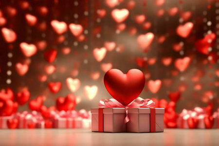 A big red heart sits atop two pink gift boxes. Many smaller hearts create a bokeh background.の写真素材