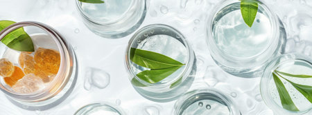 Close-up of natural skincare products with leaves. Refreshing and revitalizing.