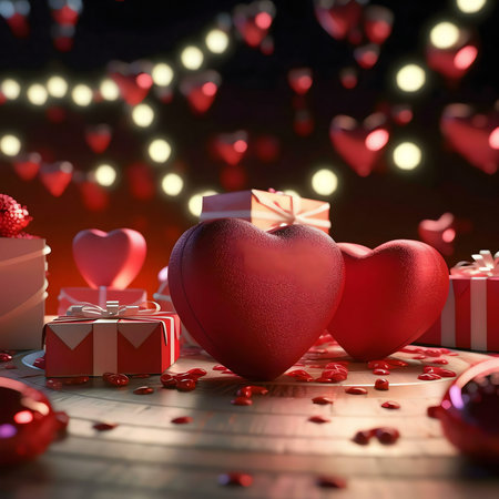 Two red hearts and gifts, Valentine's Day theme.の写真素材