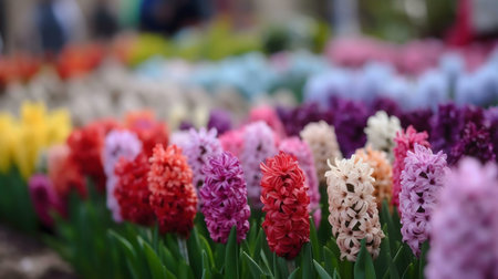 A captivating image of colorful hyacinths in full bloom, showing the beauty of springtimeの写真素材