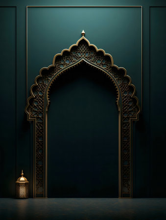 Dark green room with a golden Islamic arch and lantern.の写真素材