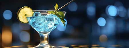 A vibrant blue cocktail garnished with lime and mint, in a sophisticated nightclub setting.の写真素材