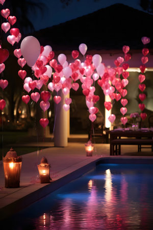 Pink and red heart-shaped balloons illuminate a poolside setting at night, creating a romantic ambiance.の写真素材