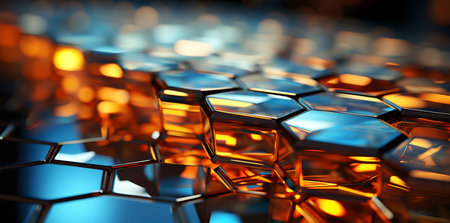 Abstract image showing a vibrant hexagonal pattern with blue and orange hues. 3D rendering of a...