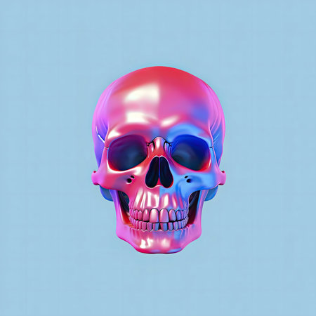 A vibrant 3D rendered skull with a pink and blue neon effect.の写真素材