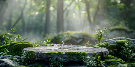 A mossy rock formation in a misty forest. Peaceful and serene atmosphere.の写真素材