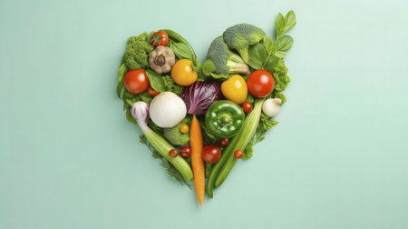 Vibrant vegetables arranged to form a heart. A symbol of healthy eating and wellbeing.の写真素材