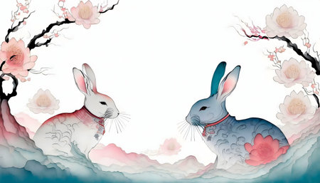 Two elegant rabbits amidst delicate pink blossoms. A serene watercolor painting.の写真素材