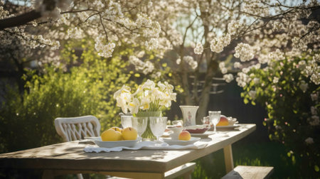 A delightful brunch setting in a garden bathed in spring sunlight. A wooden table with flowers and fruits under blooming branches.の写真素材