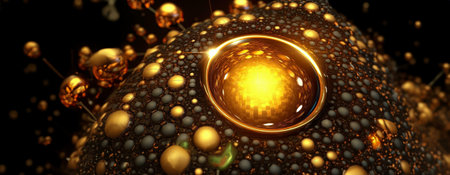 Abstract 3D rendering of a golden sphere with glowing inner lightの写真素材