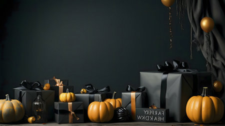 Spooky yet chic Halloween scene with black gifts, gold pumpkins, and a dark background.の写真素材