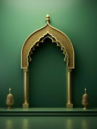Golden Islamic archway with intricate details against a green backdrop.の写真素材