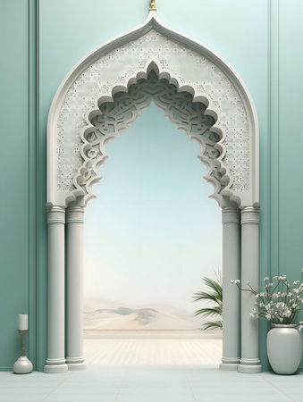 An elegant archway leads to a serene desert scene. The intricately designed and tranquil atmosphere create a sense of peace.の写真素材